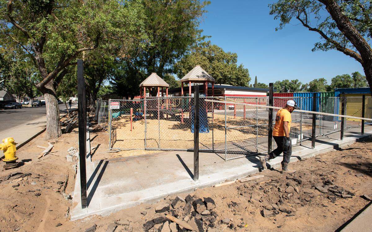 A perimeter fence is being built at Wilson Elementary school in Modesto, Calif., on Monday, Aug. 2, 2021. School leaders gave a tour of construction projects at eight elementary, middle and high schools. Renovations included new classrooms, cafeterias, parking lots.