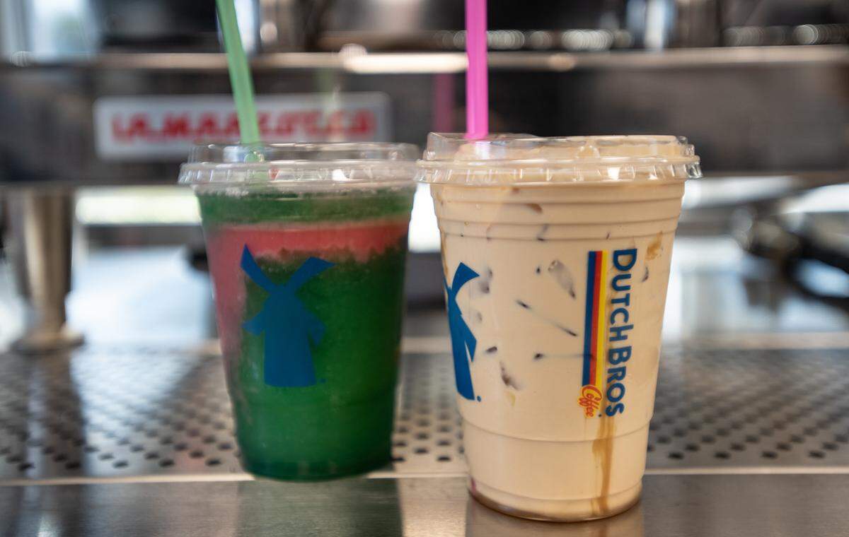 Golden Eagle coffee drink on the right, and frozen Rebel energy drink on the left, at the Dutch Bros Coffee on McHenry Aveune in Modesto, Calif.