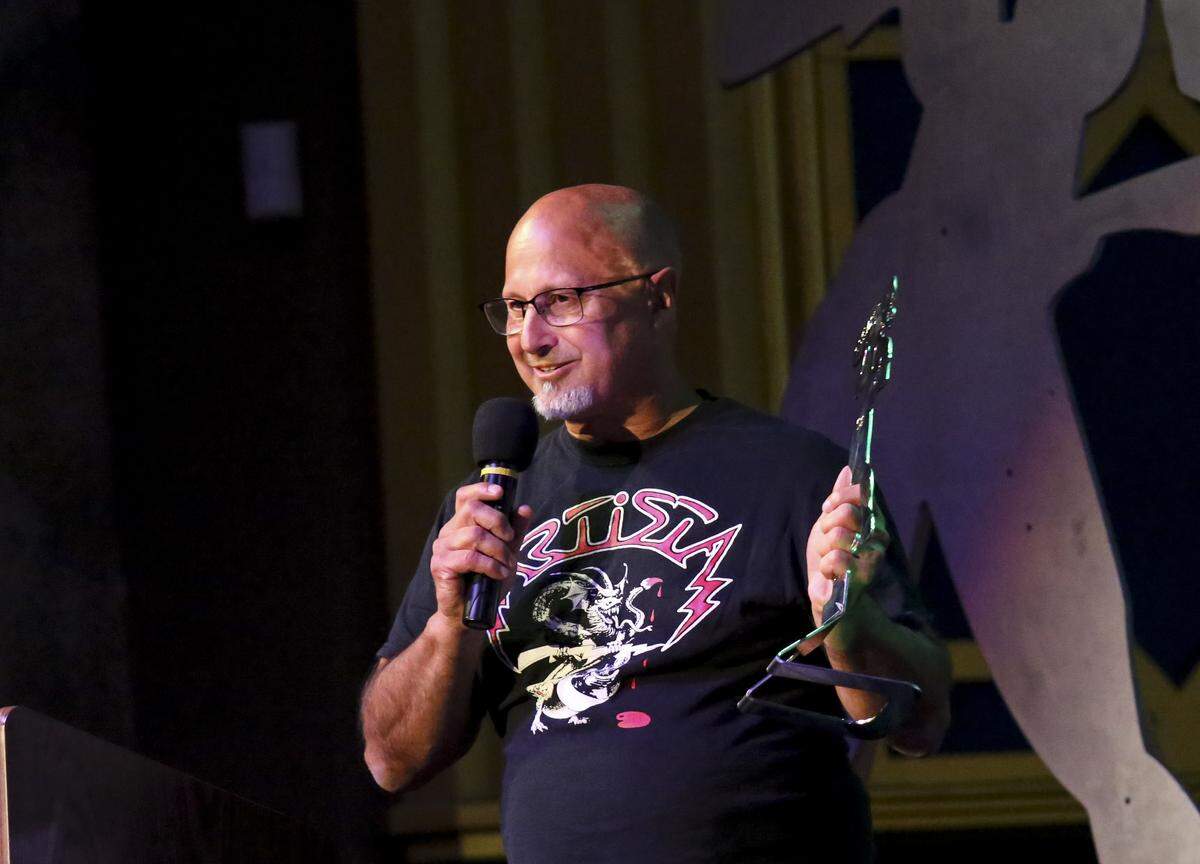 Steve Ashman, founder of ZaSu Pitts Memorial Orchestra accepts the MAMA Lifetime Achievement Award before packed house at the State Theatre in Modesto, California, on Tuesday, Oct. 16, 2018.