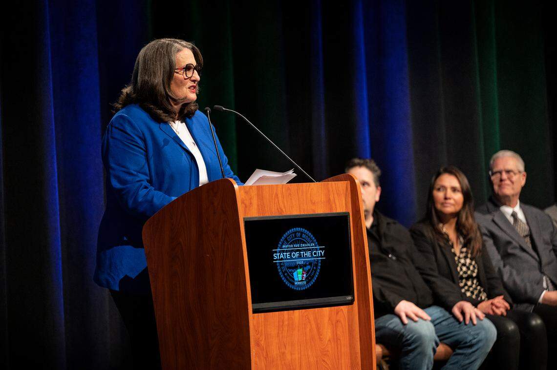 Mayor Sue Zwahlen delivers the state of the city address at Modesto Centre Plaza in Modesto, Calif., Tuesday, Feb. 21, 2023.