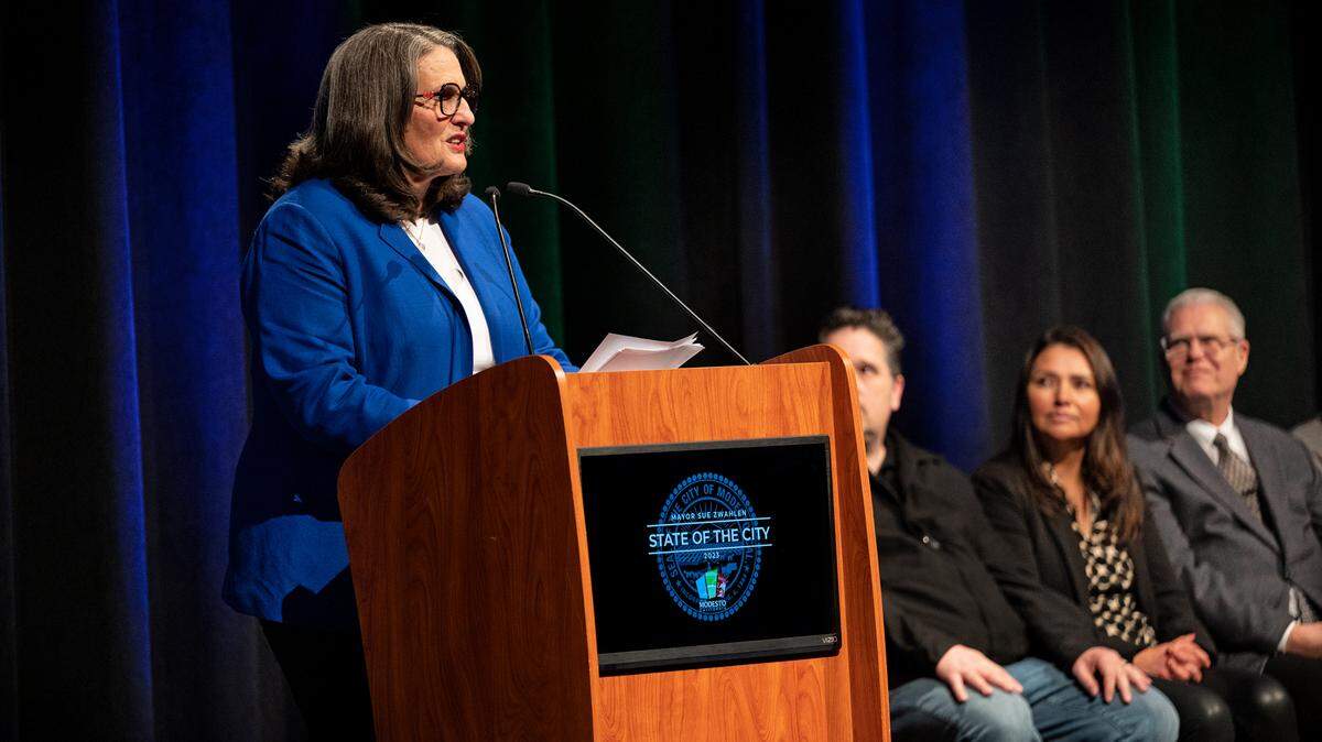 Mayor Sue Zwahlen delivers the state of the city address at Modesto Centre Plaza in Modesto, Calif., Tuesday, Feb. 21, 2023.