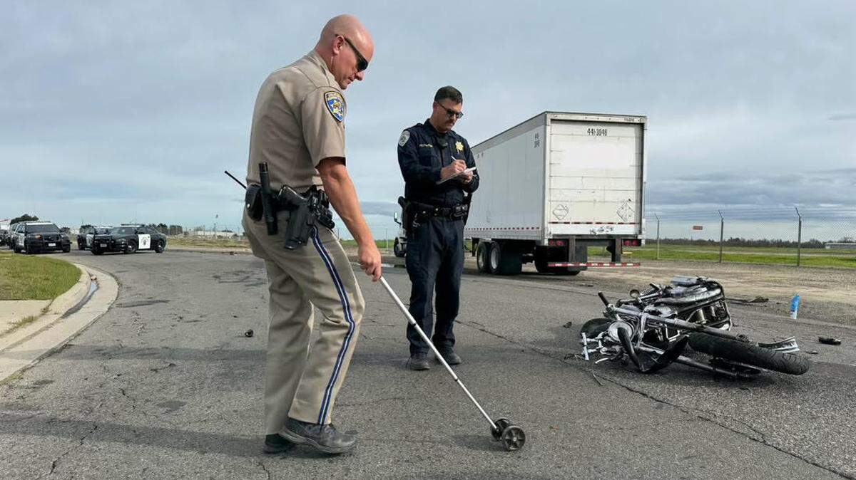 California Highway Patrol respond to the scene of a fatal motorcycle vs. semi-truck collision on Tenaya Drive near the Modesto Airport on Tuesday, March 05, 2024.