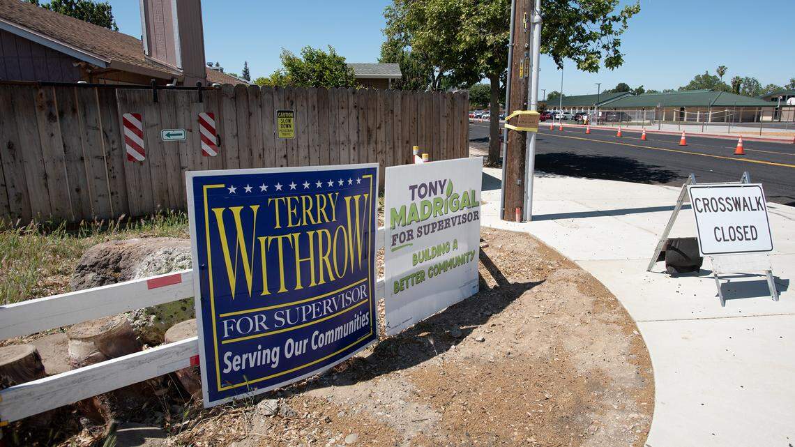 Stanislaus County supervisor election signs on Paradise Road in Modesto, Calif., on Wednesday, May 4, 2022.