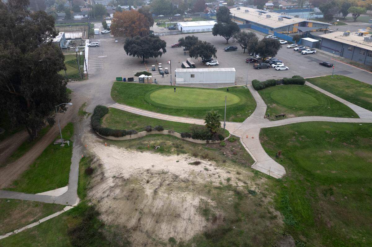 Dryden Park Golf Course temporary pro shop  in Modesto, Tuesday, Dec. 2, 2025. In the foreground of the photograph is the site of the former clubhouse.