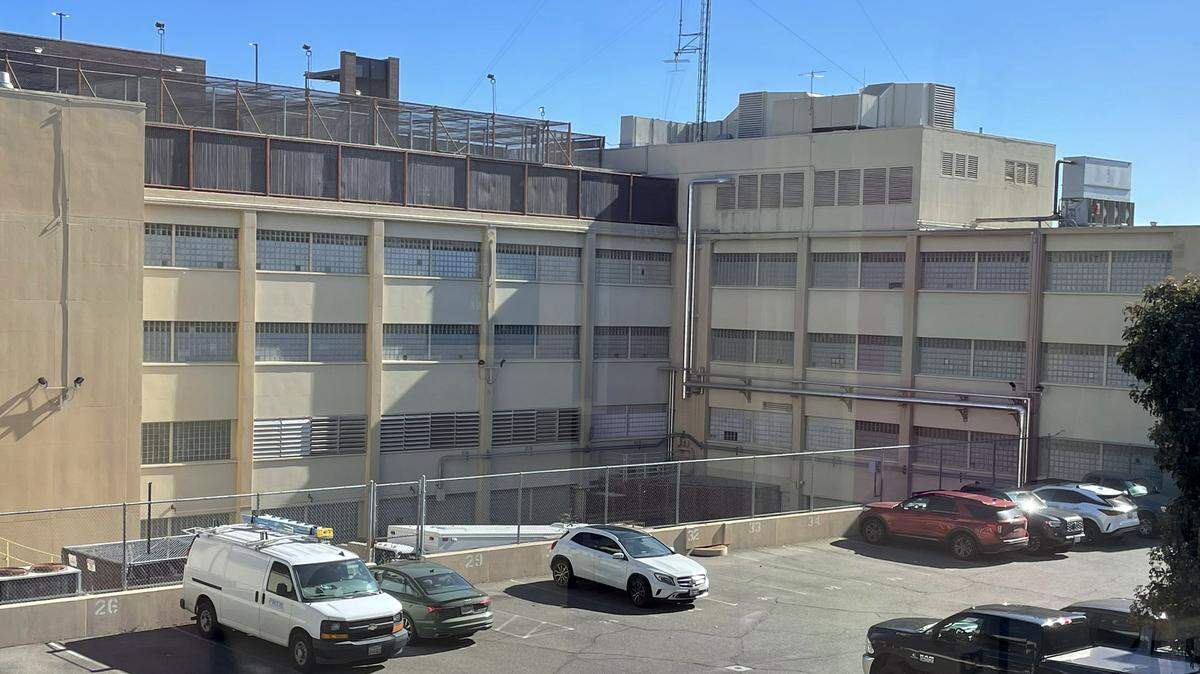 The former Stanislaus County Jail seen from a corridor in the still-functioning main courthouse in June 2025. Both will be redeveloped when a new courthouse opens by early 2026.