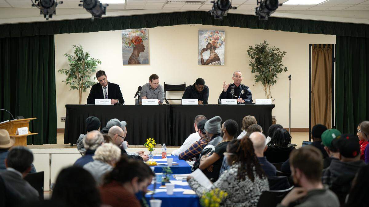 Modesto Police Chief Brandon Gillespie, right, speaks on law enforcement use of force during an NAACP forum at the King-Kennedy Center in Modesto on Tuesday, Feb. 18, 2025.