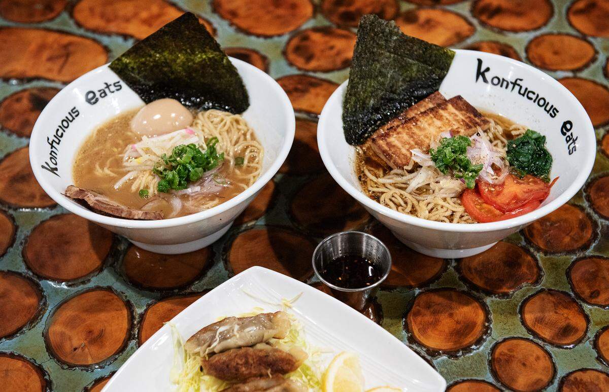 Shoyu Tori Paitan ramen, left, and vegan ramen, right, at Konfucious Eats in McHenry Village in Modesto, Calif., on Thursday, Feb. 4, 2021.