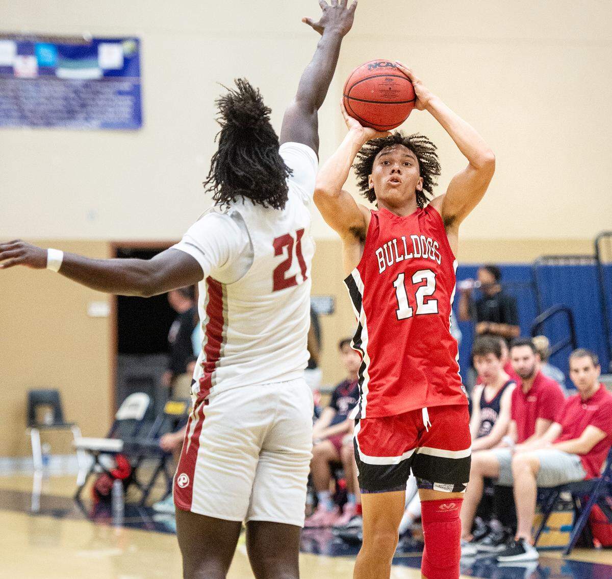 Ceres Verlis Smith shoots a three-point shot over Patterson’s Precious Nnaji during the Six-County Senior All-Star Basketball Game at Gregori High School in Salida, Friday, May 6, 2022.