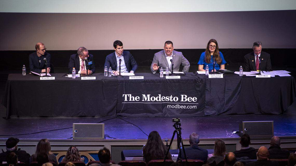 Candidates answer questions during the 10th Congressional District “Debate at The State” at the State Theatre in Modesto, Calif., on Wednesday, Jan. 22, 2020.