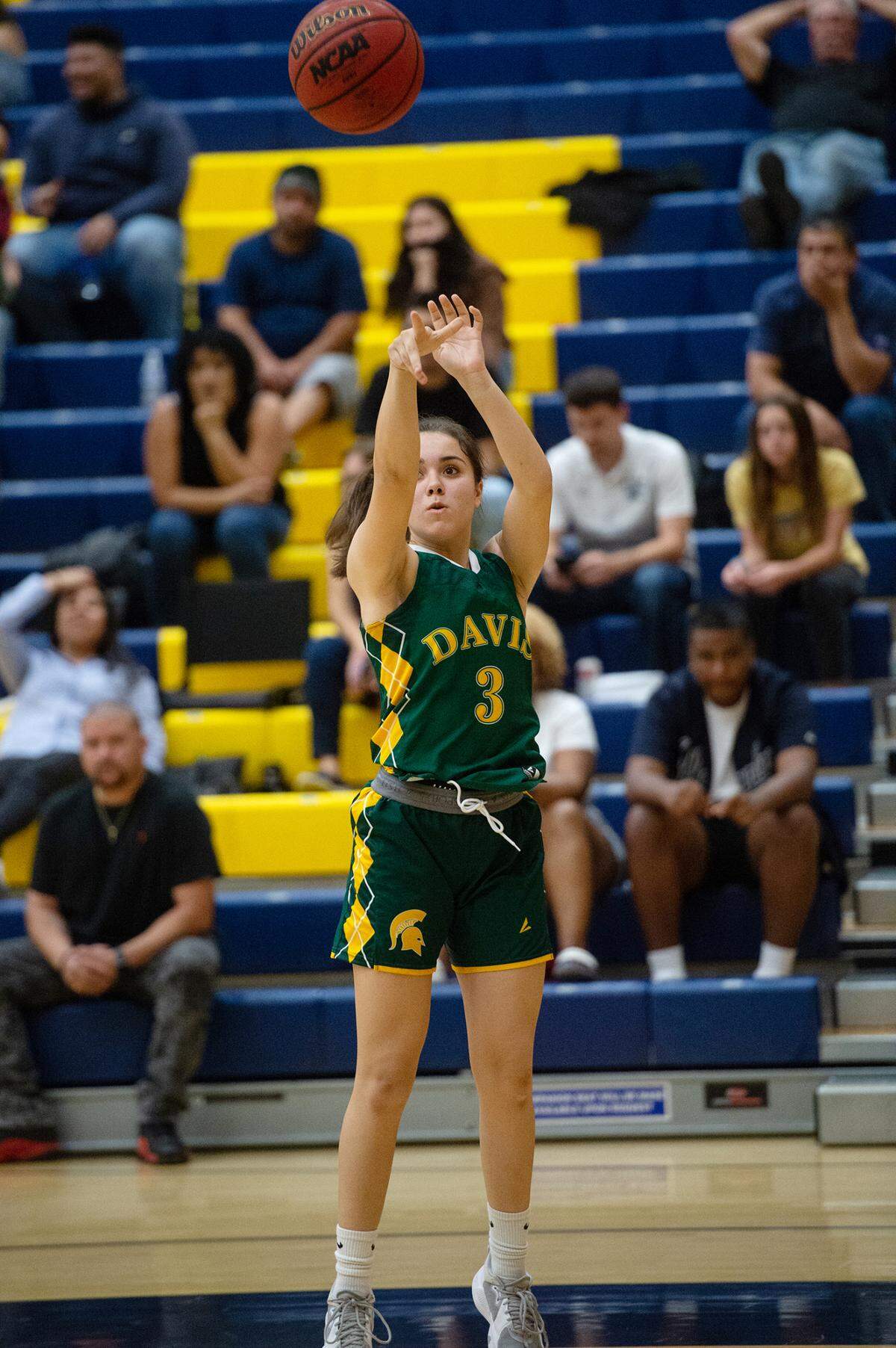 Davis’s Aydryanna Ege competes in the three-point shot contest during halftime of the Six-County Senior All-Star Basketball Game at Gregori High School in Salida, Friday, May 6, 2022.