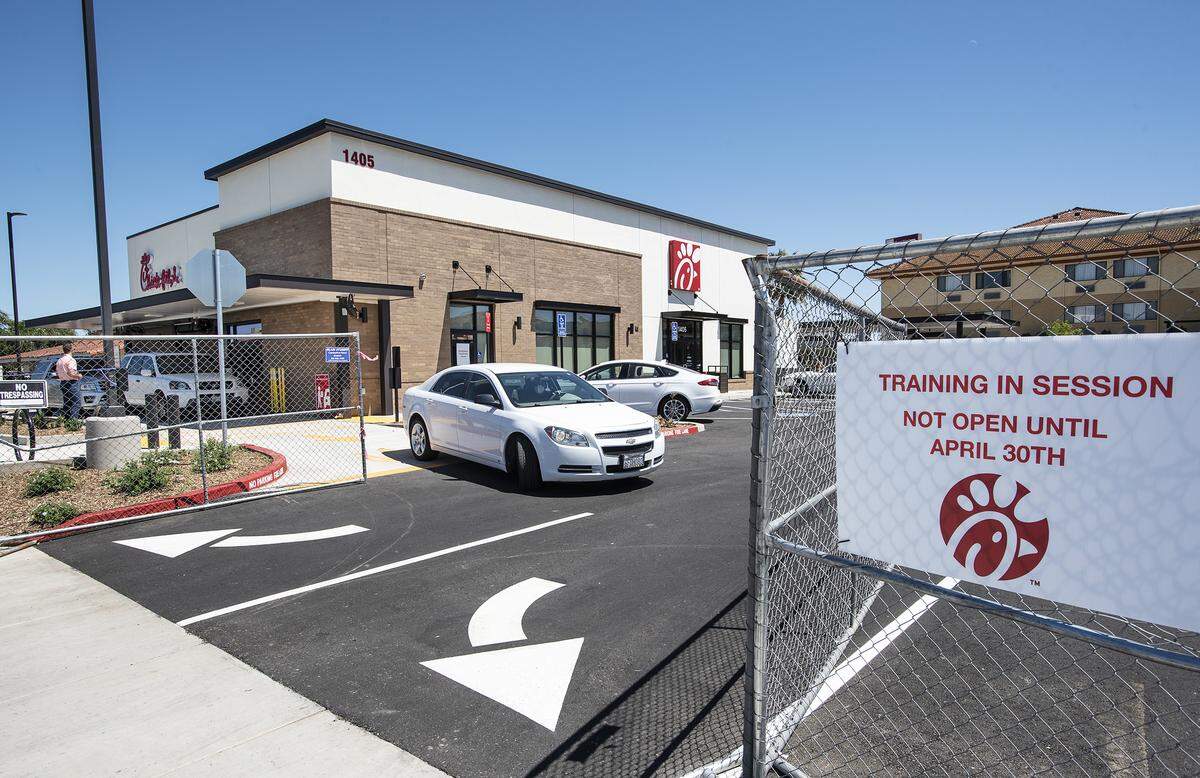 Employees conduct a training session at the Chick-fil-A restaurant in Manteca, Calif., on Tuesday, April 28, 2020. The Yosemite Avenue store opened in 2020.