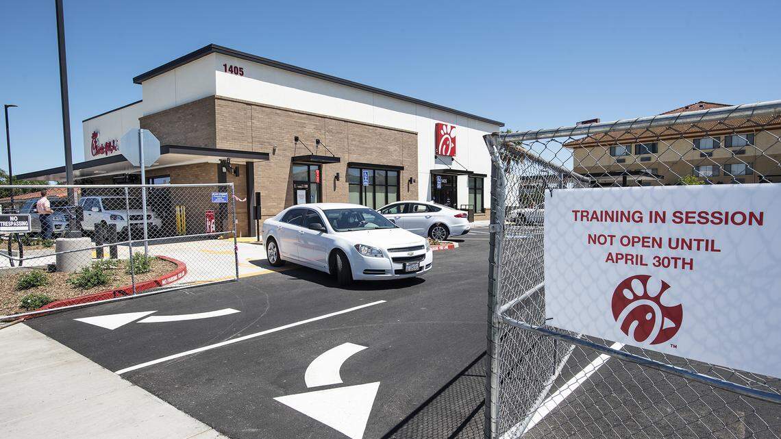 Employees conduct training session at the the new Chick-fil-A restaurant in Manteca, Calif., on Tuesday, April 28, 2020. The Yosemite Avenue store opens April 30th.