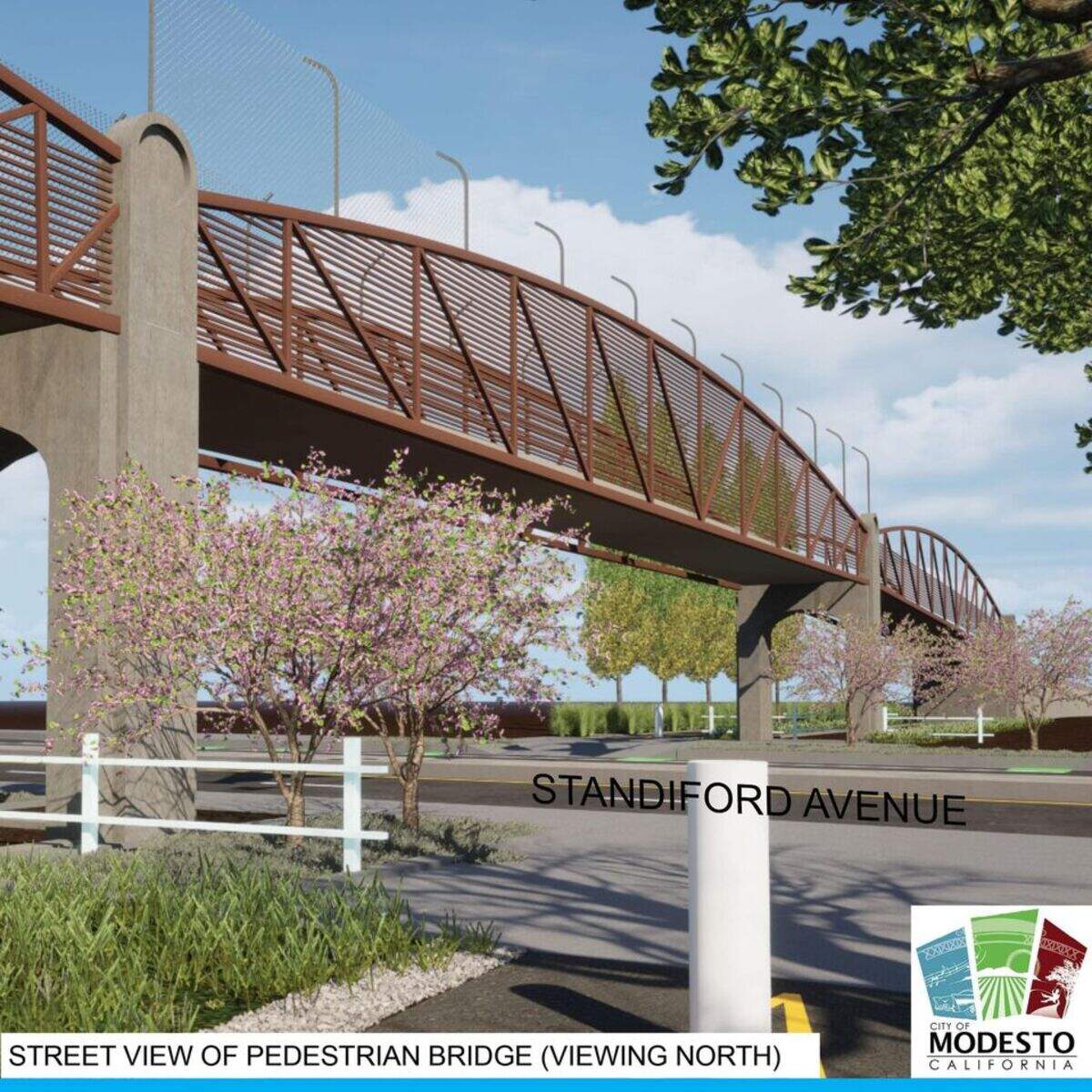 An architect rendering shows the Standiford Avenue bridge that will be part of the next phase of the Virginia Corridor Trail in Modesto, Calif. The City Council approved the construction contract on July 22, 2025.