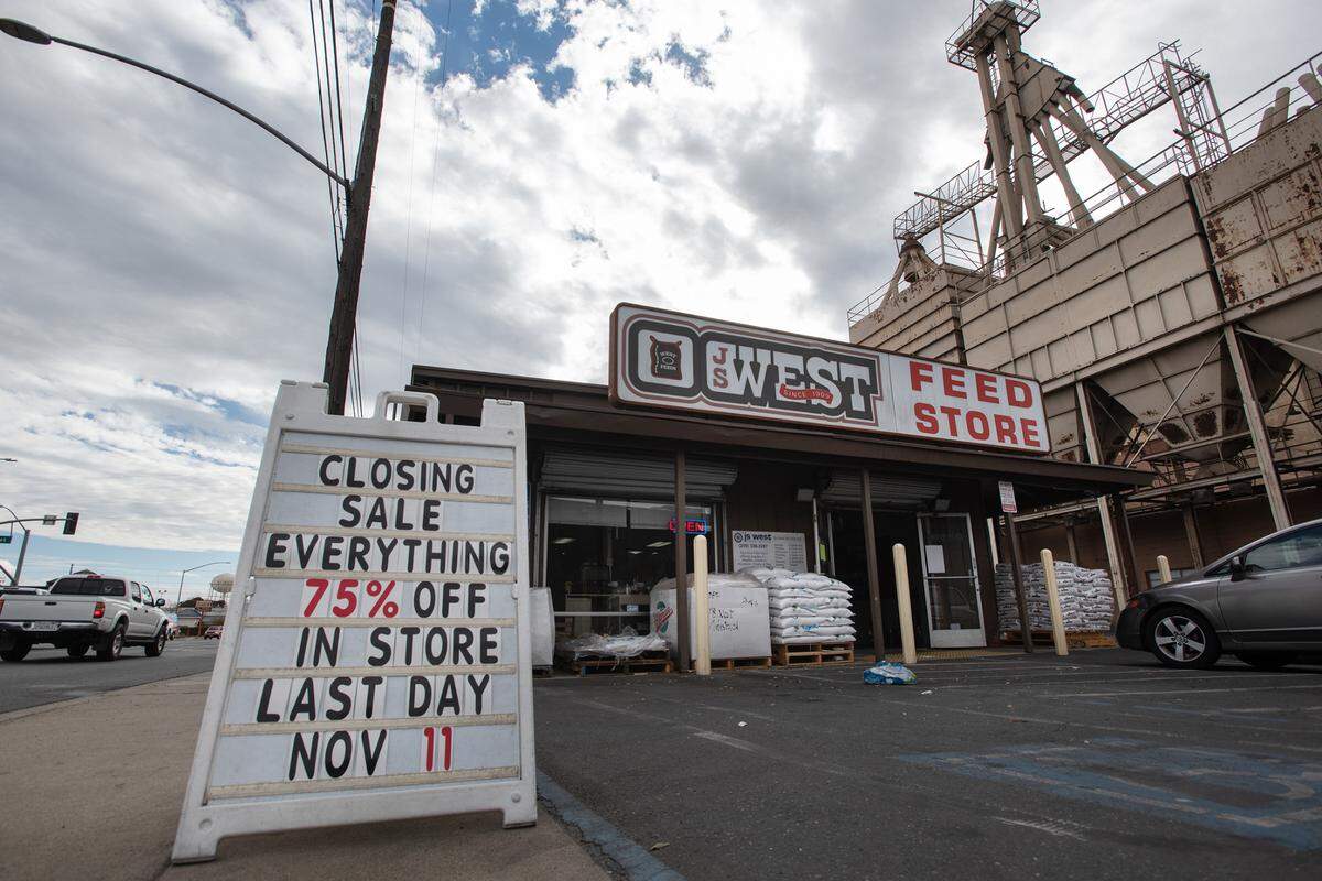 The J.S. West feed store on 9th Street in Modesto, Calif., Monday, Nov. 1, 2022. The store is closing on Nov. 11.