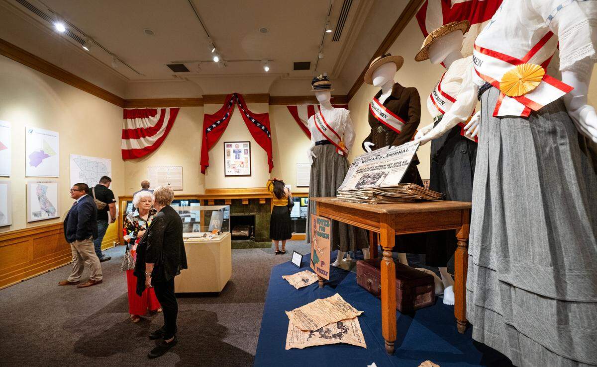 Period clothing and history of the suffragettes on display in the ‘California Votes: Exercise Your Right!’ exhibit at the McHenry Museum in Modesto, Calif., Friday, Sept. 27, 2024.