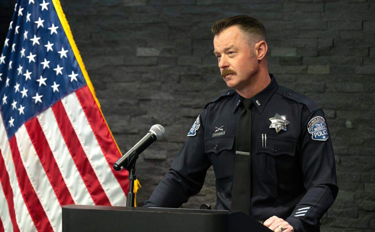 Modesto Police Lt. Joseph Bottoms outlines the department’s military equipment use report during an open house event at the Modesto Police Department in Modesto on Tuesday, May 19, 2026.