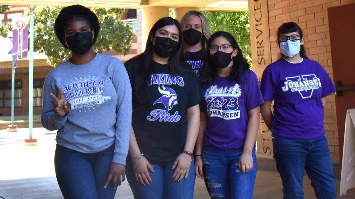 Pictured at Johansen High on Wednesday, March 31, 2021, are, from left, Akouavi Abok, Yaresly Munoz, teacher Kelly Nasrawi, Aracely Martinez and Natalia Villalobos.