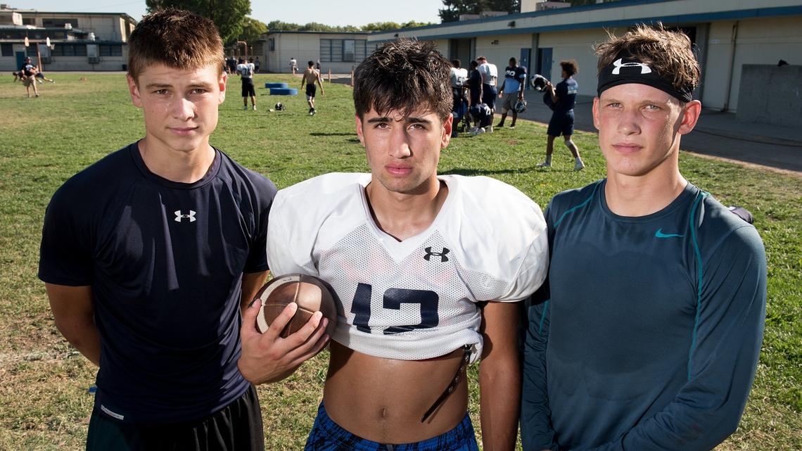Downey’s three primary receivers from the left, Anderson Grover, Ethan Difuntorum, and Bryce Peterson at Downey High School in Modesto, Calif., on Tuesday, August 28, 2018.