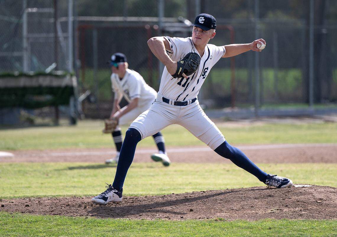 Central Catholic’s TP Wentworth pitched a complete game shutout, giving up one hit with 10 strikeouts in the Raiders’ first round playoff win over Los Banos at Central Catholic High School in Modesto, Calif., Tuesday, May 9, 2023.
