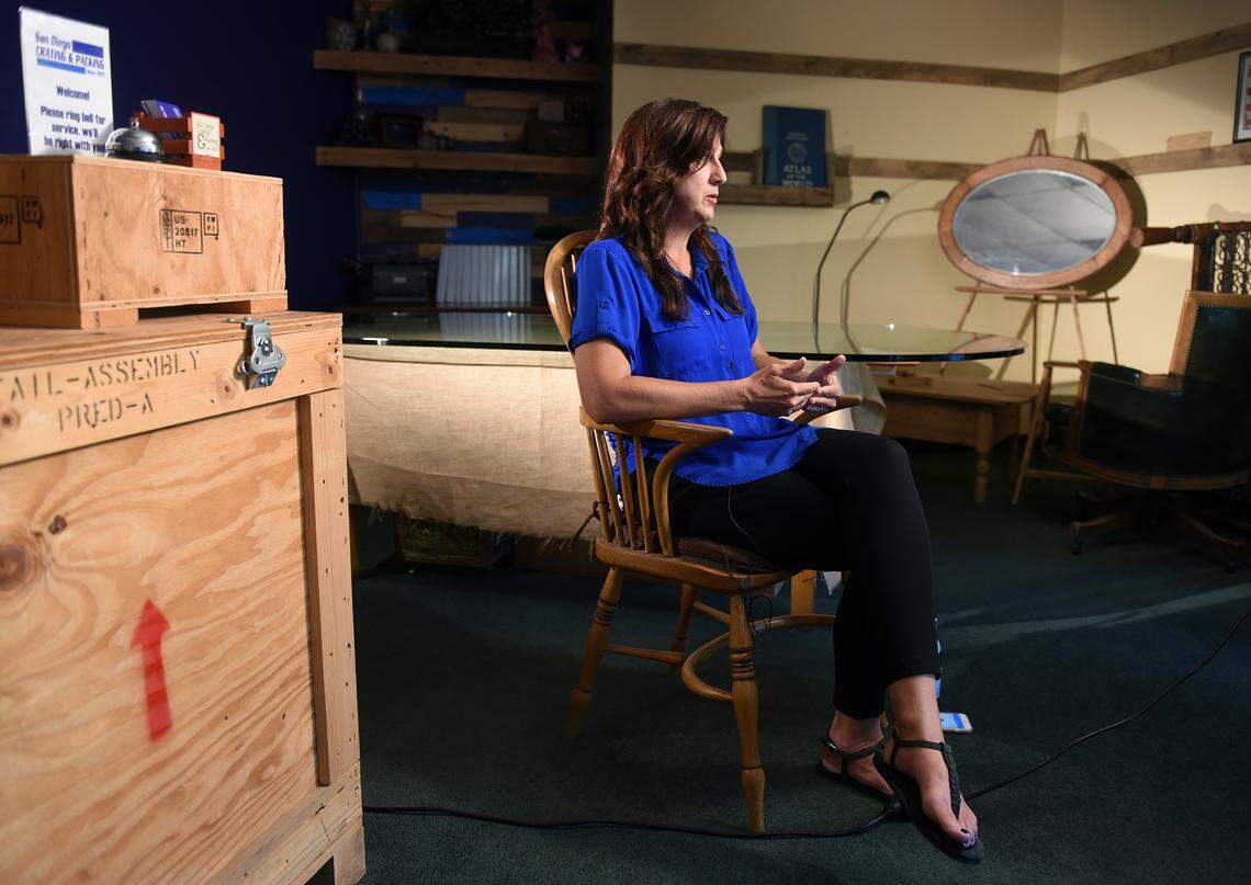 Janey Peterson, the sister-in-law of Scott Peterson is pictured Thursday July 26, 2018 sitting for an interview at her family’s business in Poway, Calif. Janey has a room at the business that holds trial transcripts, maps, pictures and timelines to support her argument that Scott Peterson is innocent in the murders of his wife Laci and their unborn son Conner.