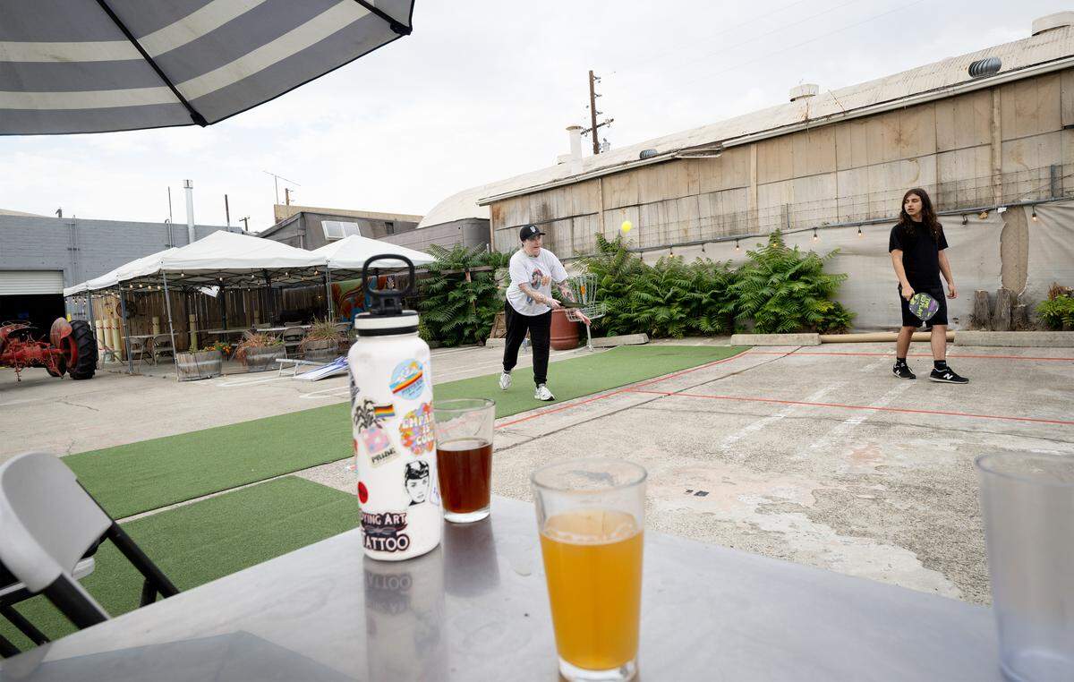 Contentment Brewery added a pickleball court to its many games at the business in Modesto. Photographed Wednesday, Oct. 22, 2025.  