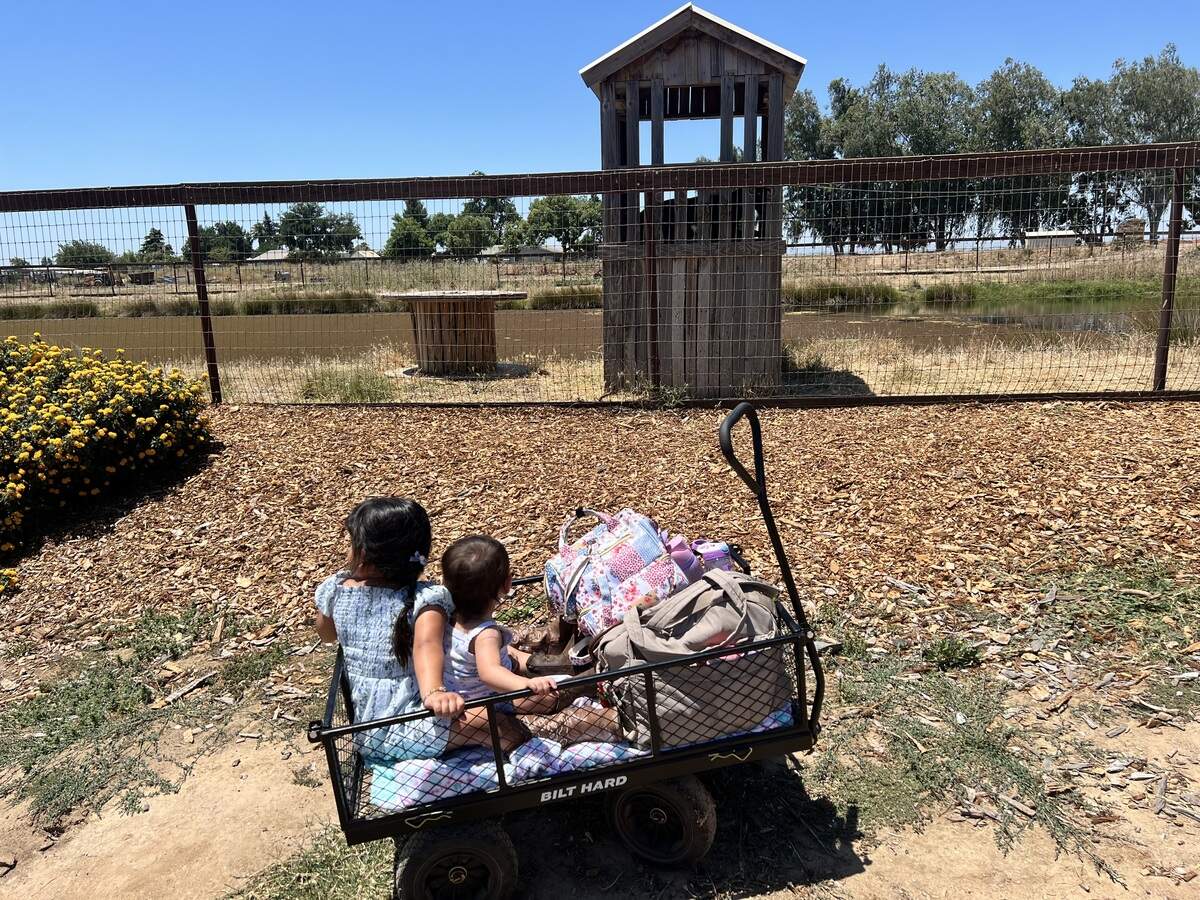 Aurora and Isla Garcia visit VanderHelm Farms in Modesto, California.