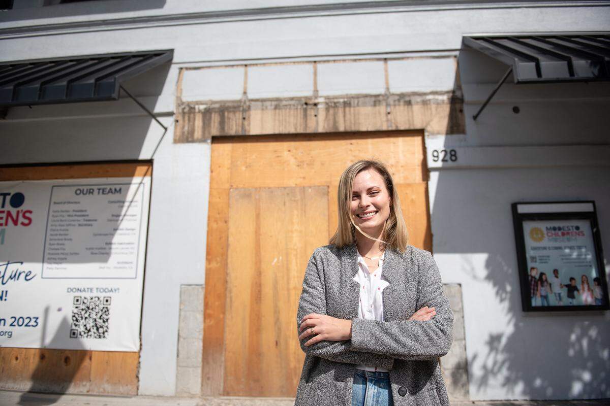 New Modesto Children’s Museum CEO Chelsie Webster out front of the future museum space on 11th Street in Modesto, Calif., Tuesday, March 7, 2023.