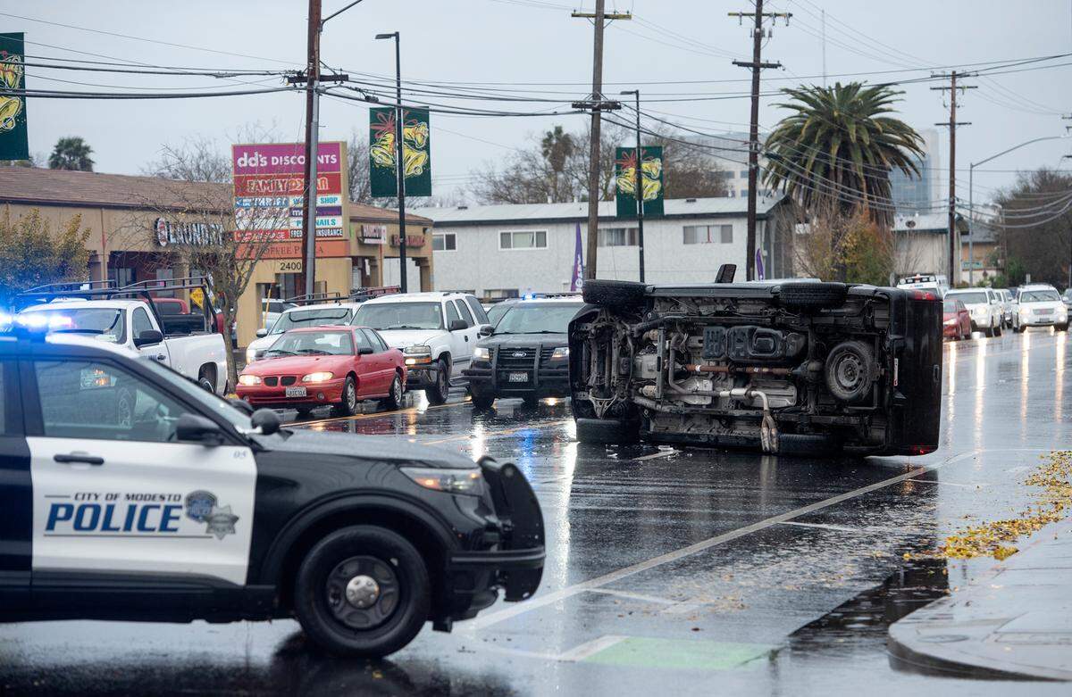 Coffee Road is clogged after a traffic accident in Modesto, Calif., on Monday, Dec. 13, 2021.