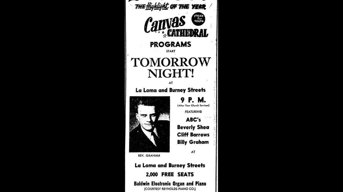 This is an ad from the Oct. 23, 1948, edition of The Modesto Bee, the Canvas Cathedral program highlighting Billy Graham.