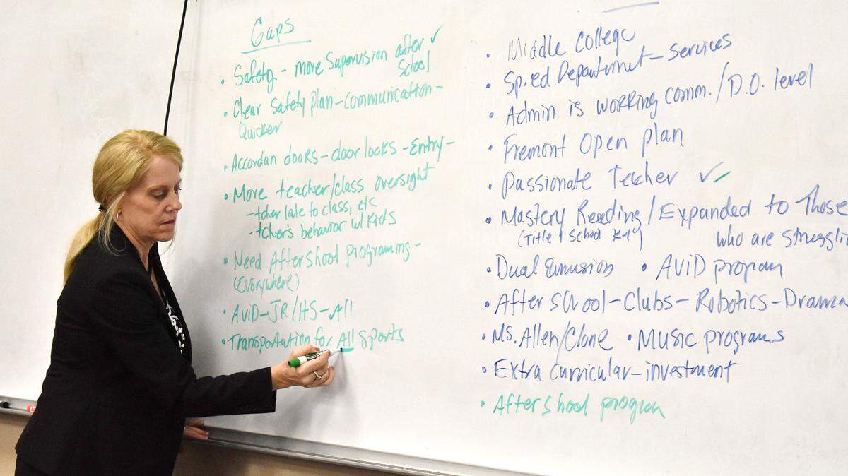 Modesto City Schools Superintendent Sara Noguchi records audience input at a community focus group meeting Monday evening, Oct. 15, 2018 at Downey High School.