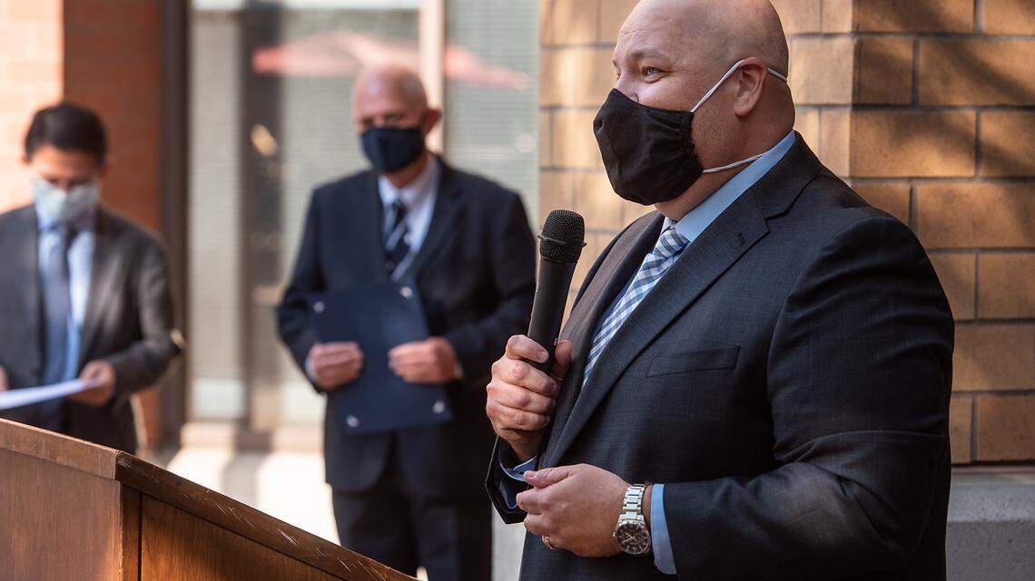 Stanislaus County CEO Jody Hayes speaks during a donation of 10,000 surgical masks to Stanislaus County in Modesto, Calif., on Thursday Oct. 15 2020.