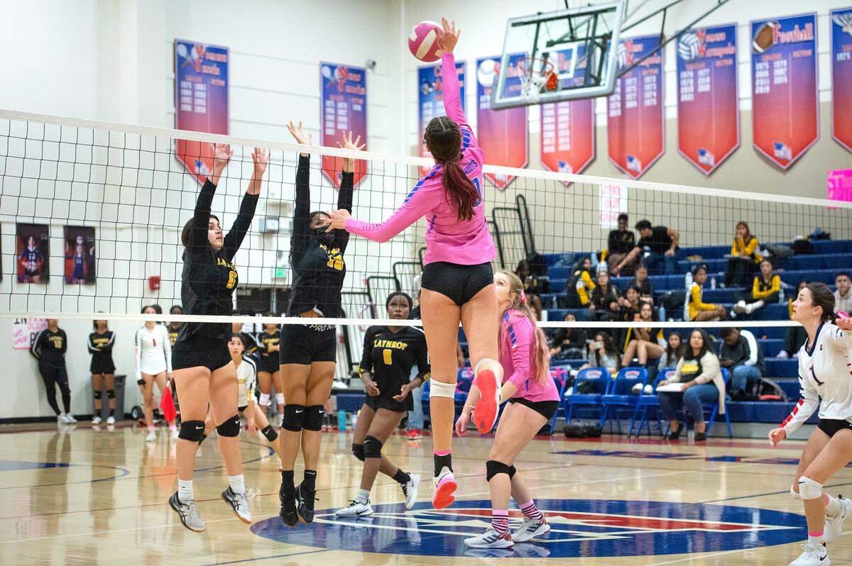 Beyer’s Fallon Freeman spikes the ball for a winner during the Western Athletic Conference match with Lathrop at Beyer High School in Modesto, Calif., Tuesday, Oct. 4, 2022.
