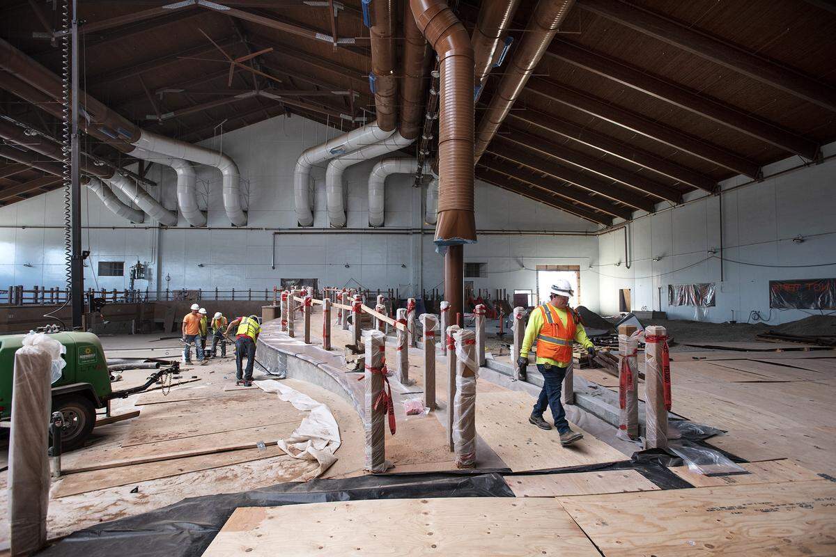 Crews work on in what will be the 95,000 sq ft. water park at the Great Wolf Lodge in Manteca, Calif., on Wednesday, March. 4, 2020.