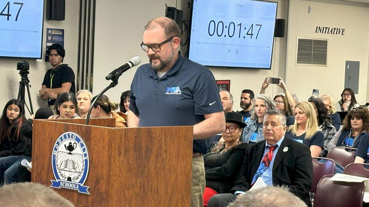 Chris Peterson, president of the Modesto Teachers Association union, addresses the Modesto City Schools Board of Education on Monday, March 4, 2024.