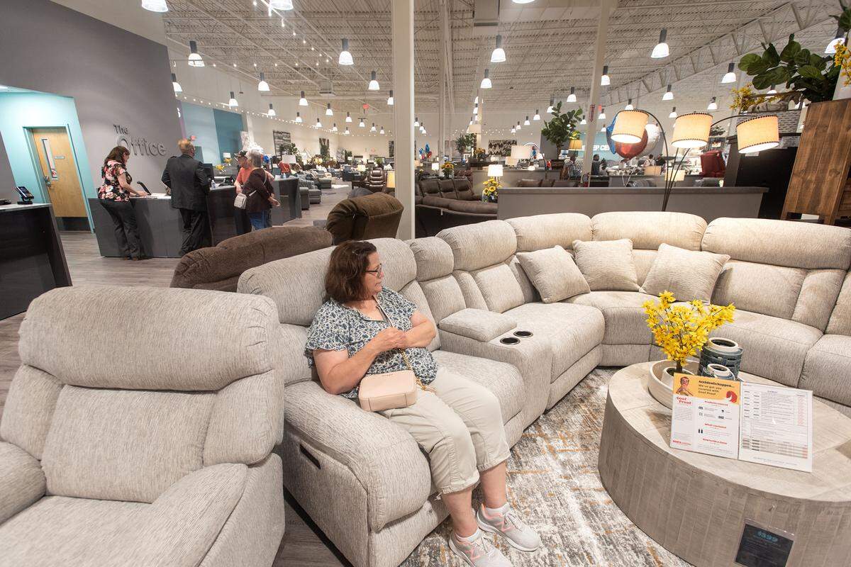 Catherine Brown shops for a new couch at Bob’s Furniture in Modesto Calif., on Friday, May 27, 2022.