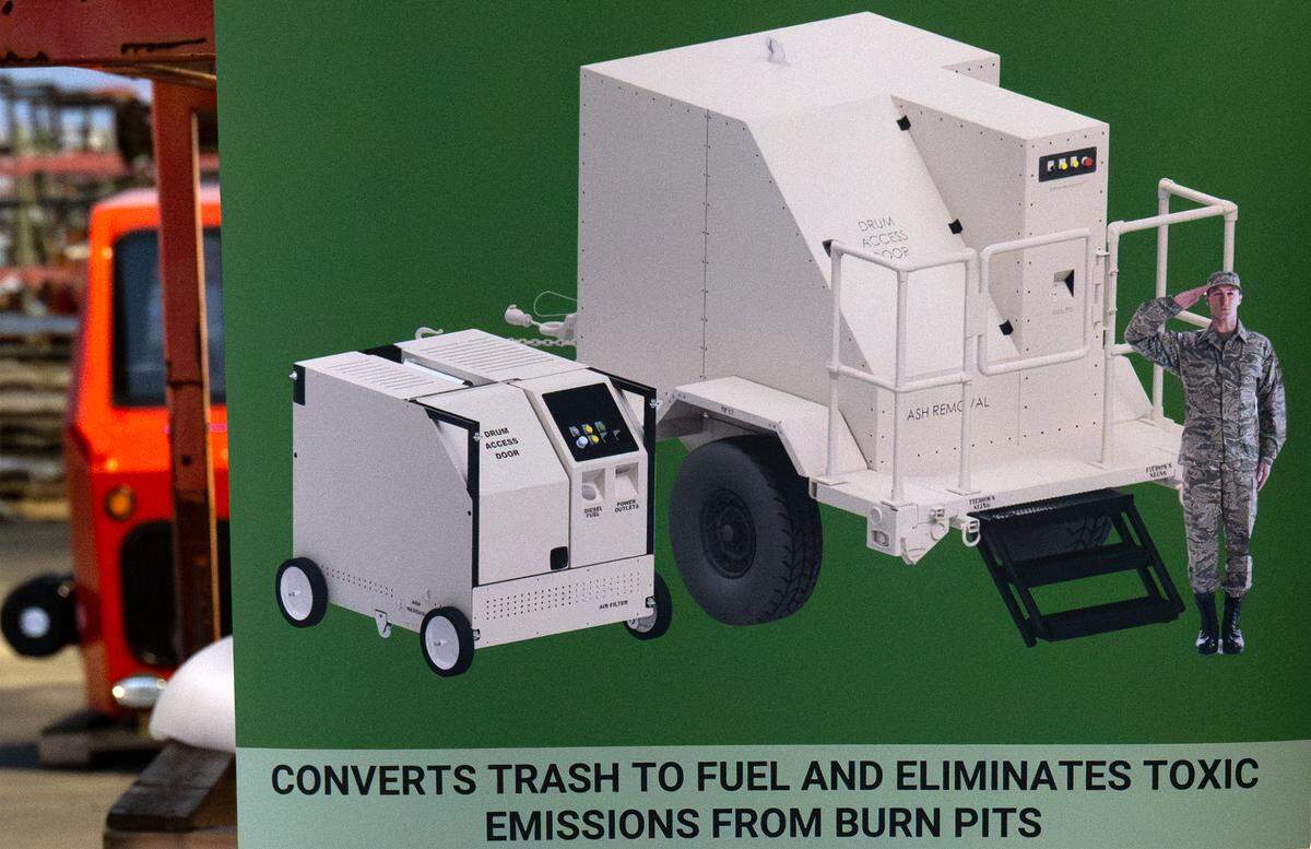 Caribou Biofuels’ display showing its machines for converting trash into fuel that are being manufactured at Flory Industries in Salida.