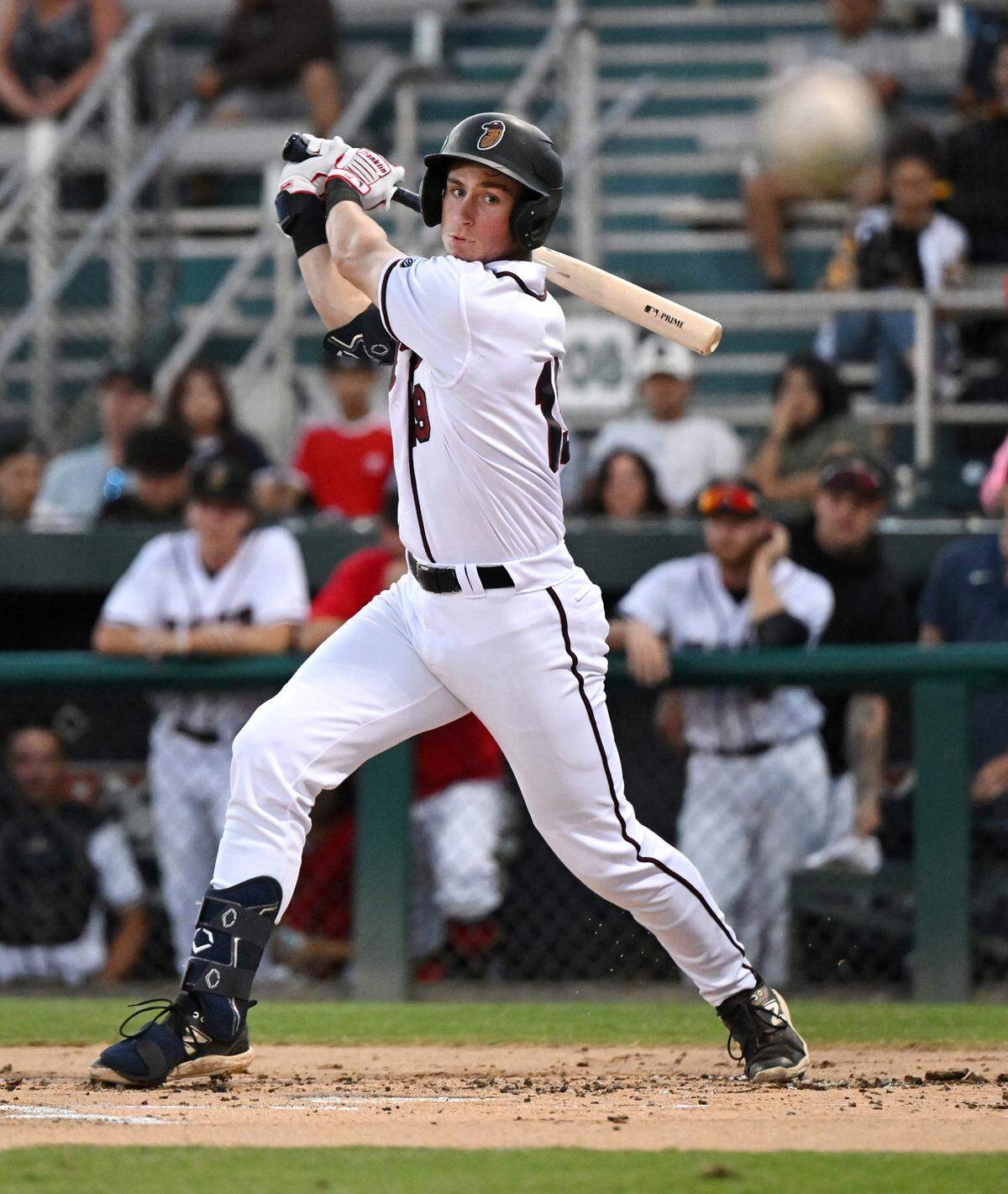 Modesto Nuts’ Colt Emerson fouls off several pitches and draws a walk during the California League playoff game with San Jose at John Thurman Field in Modesto, Calif., Tuesday, September 12, 2023.