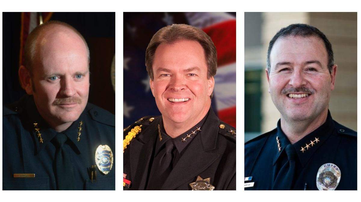 From left: Modesto police Chief Galen Carroll, Stanislaus County Sheriff Adam Christianson, and Turlock Chief Nino Amirfar