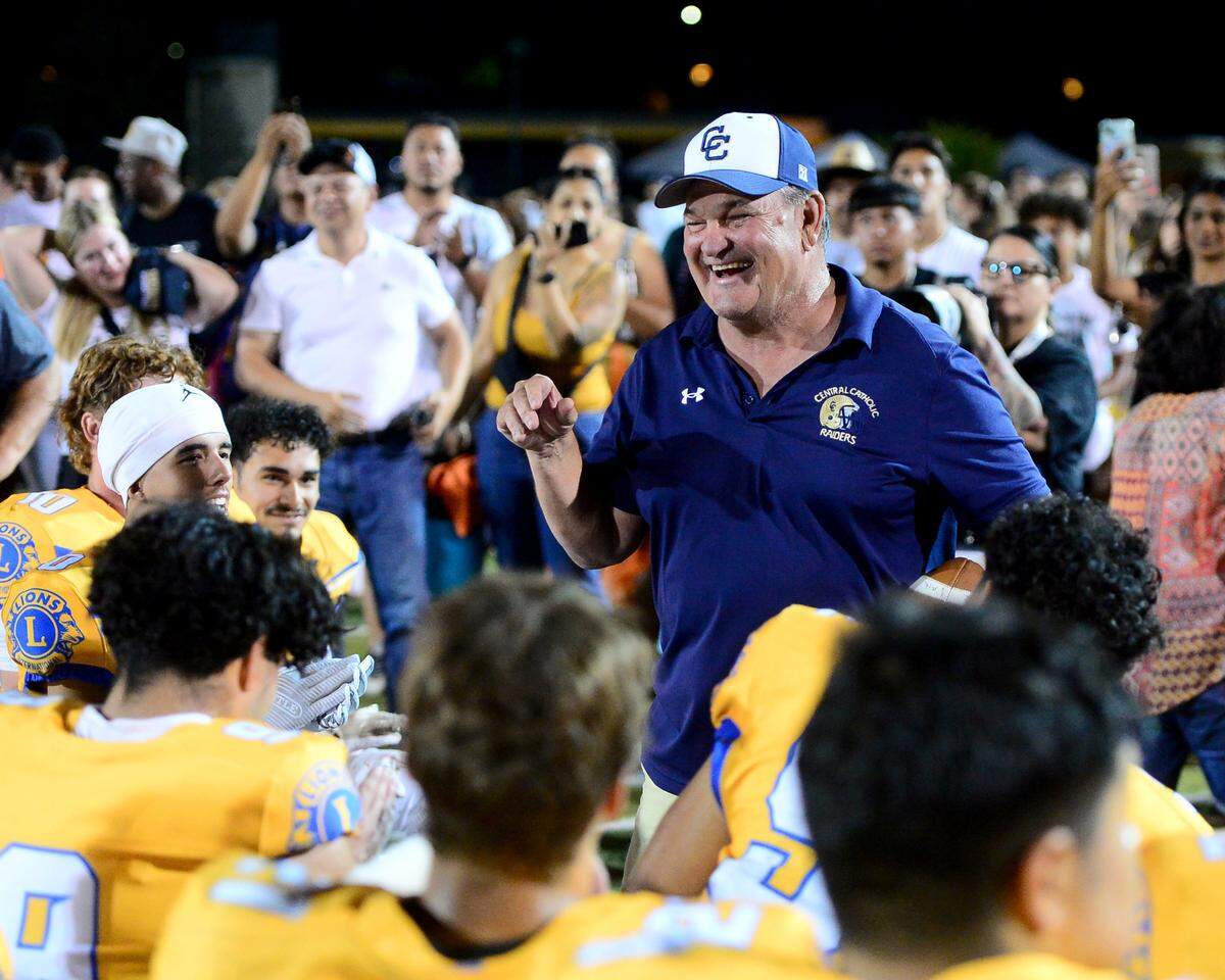South Team co-head coach Roger Canepa smiles with his team after winning the 2024 Lions All-Star High School Football game at Tracy High School in Tracy, Calif. on June 22, 2024.