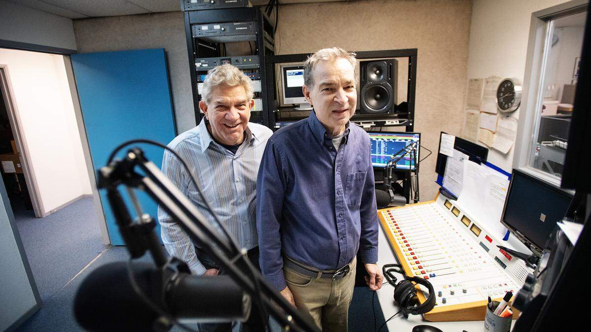 Radio station owners Jim Bryan, right and Doug Wulff, left, own the classic hits station The River and have sold their oldies station, The Vine. Photographed in Modesto, Calif., Tuesday, May 2, 2023.