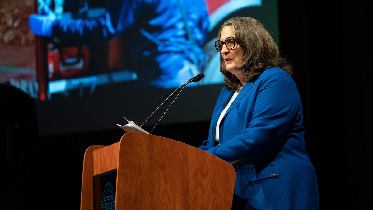 Mayor Sue Zwahlen delivers the state of the city address at Modesto Centre Plaza in Modesto, Calif., Tuesday, Feb. 21, 2023.