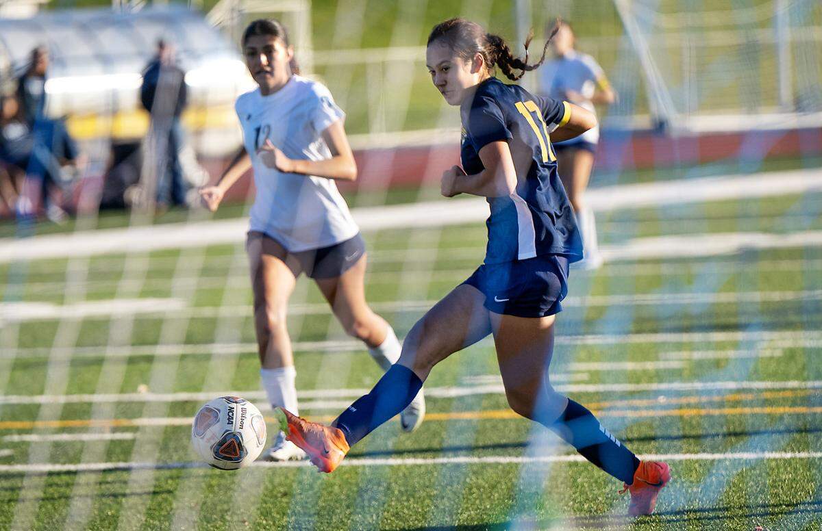 Gregori’s Alison Hou attacks the goal and scores during the Central California Athletic League game with Downey at Gregori High School in Modesto, Thursday, Jan. 9, 2024. Gregori won the game 7-1.