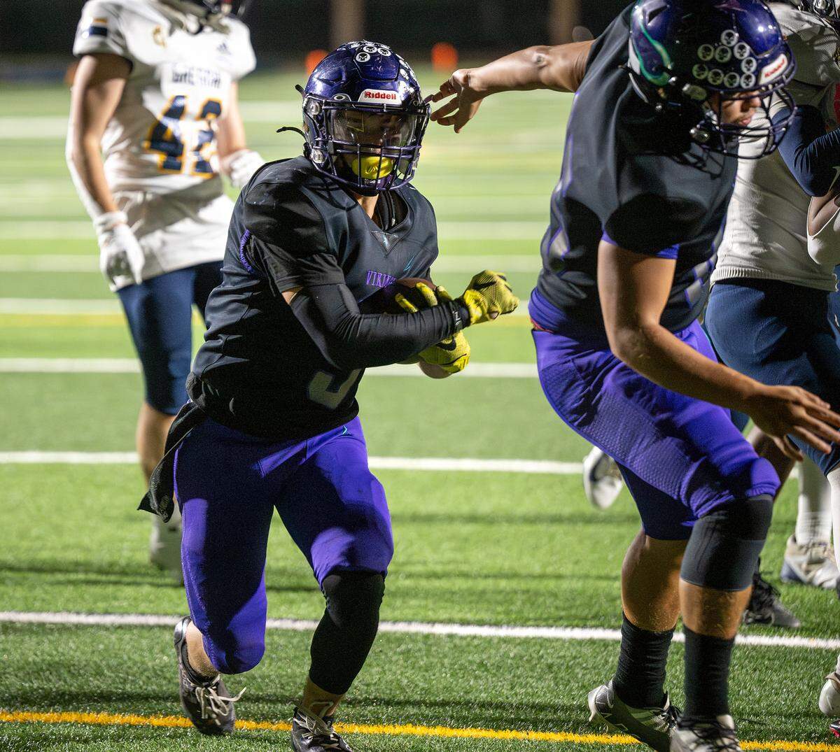 Johansen’s Gabriel Ibanez scores on a touchdown in the Sac-Joaquin Section Championship Bowl game with Gregori at Johansen High School in Modesto on  Friday, Nov. 7, 2025. Johansen won the game 27-21 in overtime.