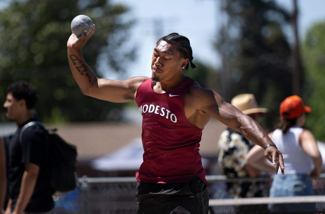 Modesto’s Vanntheesouk Dam recored a personal record and first place with a throw of 45’-05” during the Central California Athletic League track and field championships at Turlock High School in Turlock, Friday, May 2, 2025.