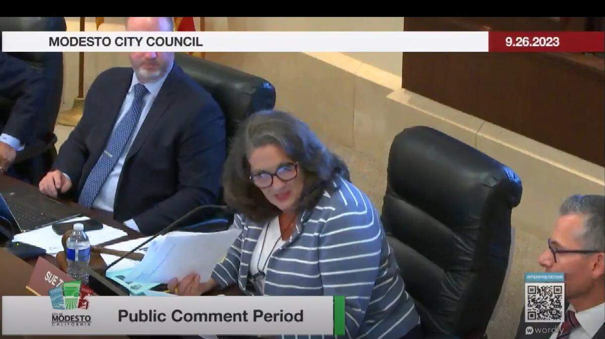 A screen grab from the Sept. 26, 2023, Modesto City Council meeting shows Mayor Sue Zwahlen warning a public commenter using Zoom that his racist speech will have him cut off.