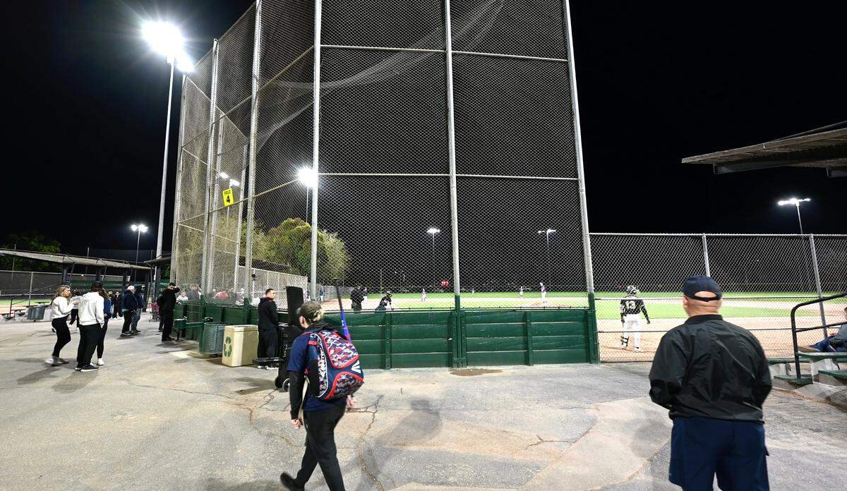 Turlock Christian High School baseball team plays Millennium of Tracy under new LED lights at Pedretti Park in Turlock, Calif., Thursday, March 28, 2024.
