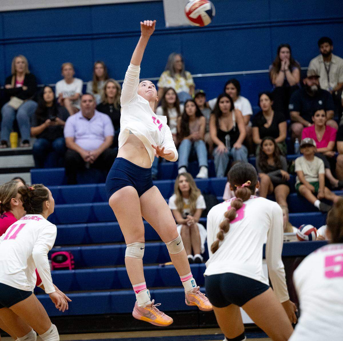 Turlock’s Lauren Parker spikes the ball during the Central California Athletic League match with Pitman at Turlock High School in Turlock, Calif., Tuesday Oct. 8, 2024.