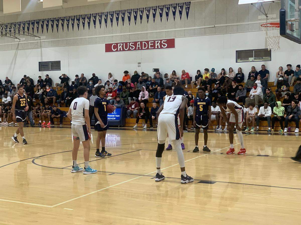 Modesto Christian and Inderkum line up for a free throw in a non-league matchup on Saturday, Feb. 12, 2022.