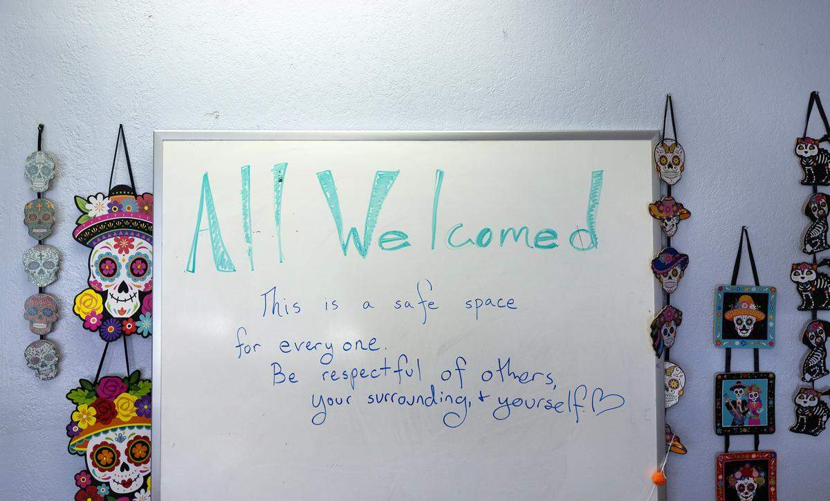 A message for all who enter at the Central Valley Pride Center in Modesto, Calif., Thursday, Oct. 19, 2023.
