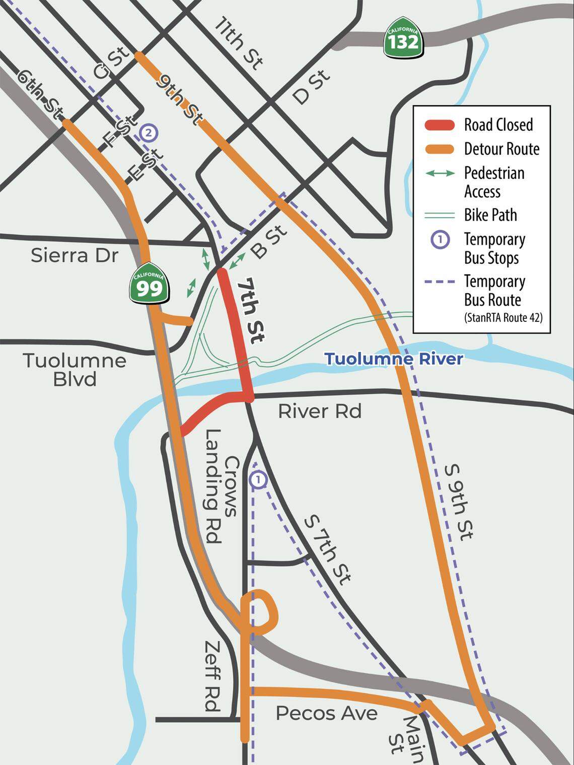 Detours will begin March 16, 2026, while the Seventh Street Bridge in Modesto is replaced.